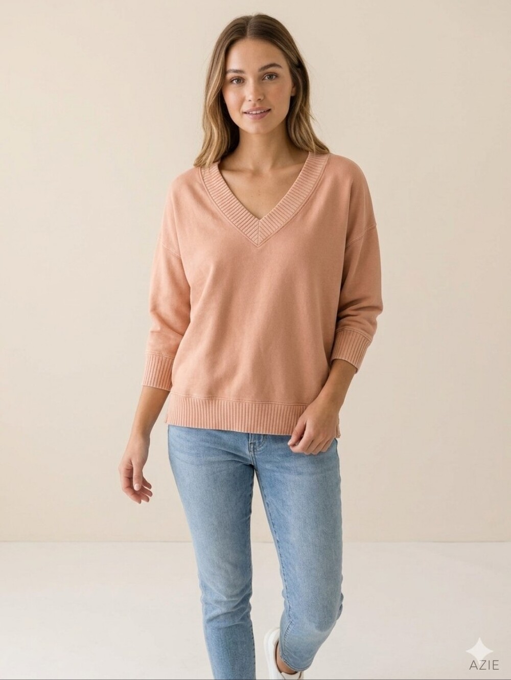Aerie S/P Peach V-Neck Distressed Ribbed Collar Sweater